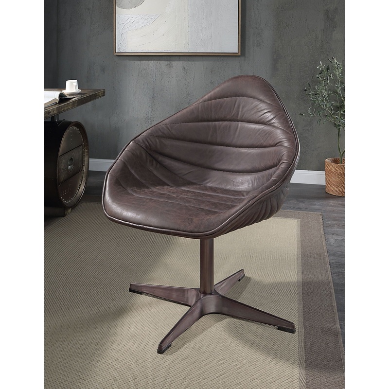 Pipino – Top Grain Leather Accent Chair With Swivel – Antique Ebony