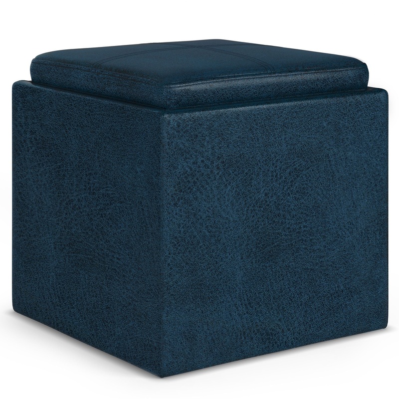 Rockwood – Cube Storage Ottoman With Tray – Distressed Dark Blue