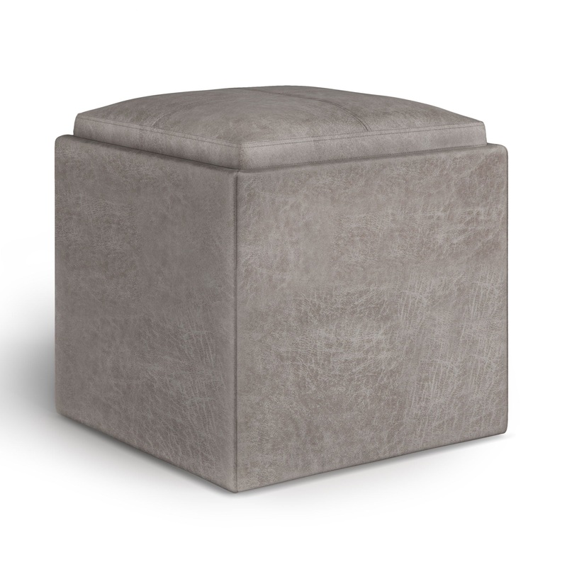 Rockwood – Cube Storage Ottoman With Tray – Distressed Gray Taupe