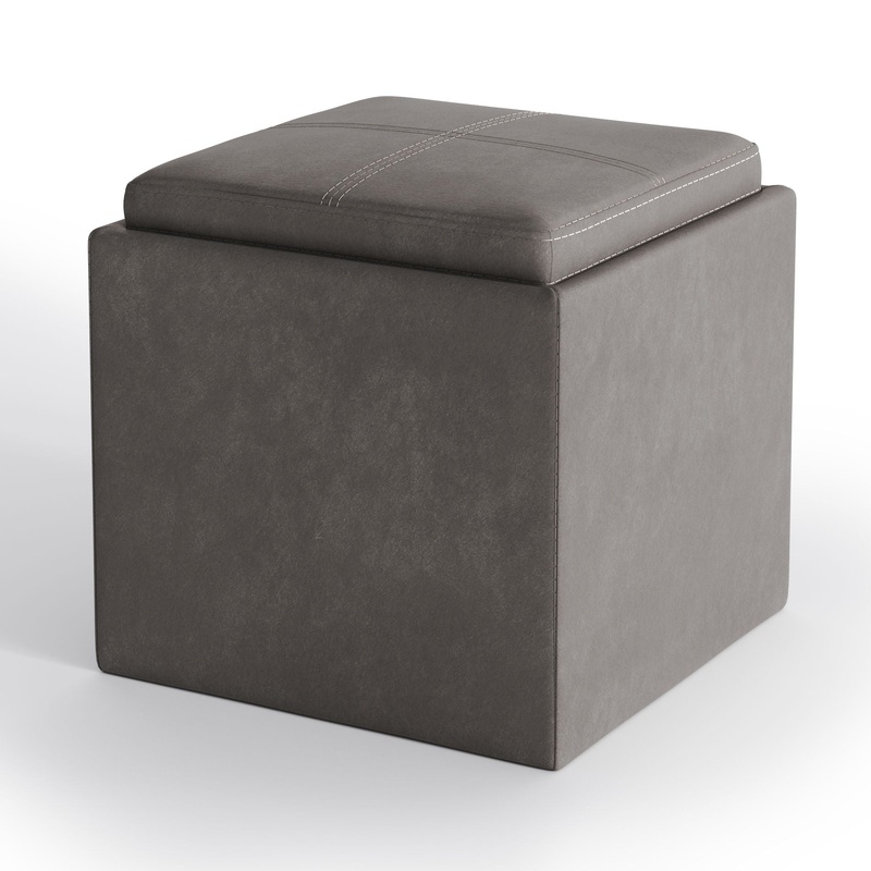 Rockwood – Cube Storage Ottoman With Tray – Distressed Slate Gray