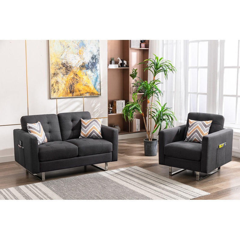 Victoria – Linen Fabric Living Room Set With Metal Legs, Side Pockets, And Pillows