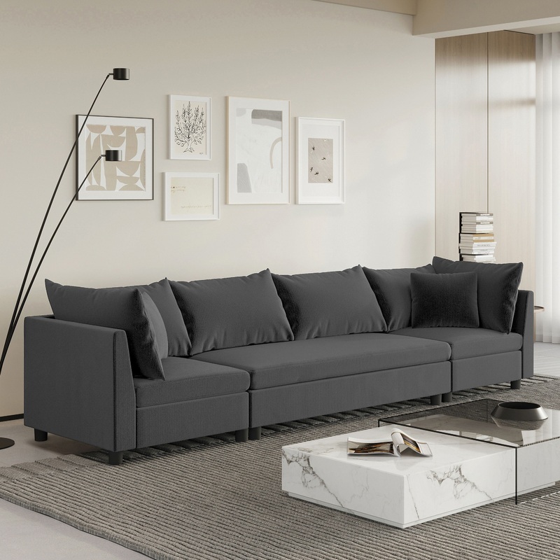 Modern Modular Sectional Oversized 4 Seat Couch Set & 4 Pillows, Minimalist Style Wide Seat Comfy Sofa – Gray