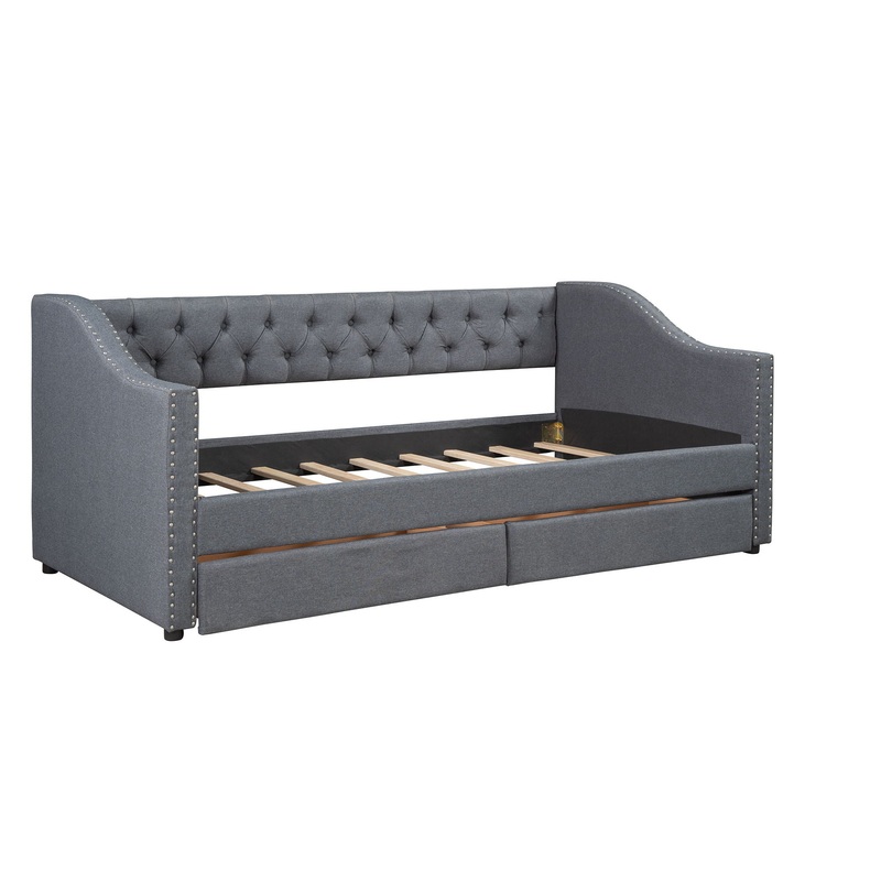Twin Size Upholstered Daybed With Two Drawers, Slat Support – Gray