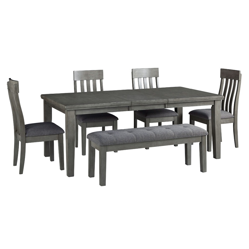 Hallanden – Dining Room Set|Dark Gray|6 Pc. Extension Table, 4 Side Chairs, Bench|7 Pc. Extension Table, 4 Side Chairs, Bench, Server|8 Pc. Extension Table, 6 Side Chairs, Server|7 Pc. Extension Table, 6 Side Chairs