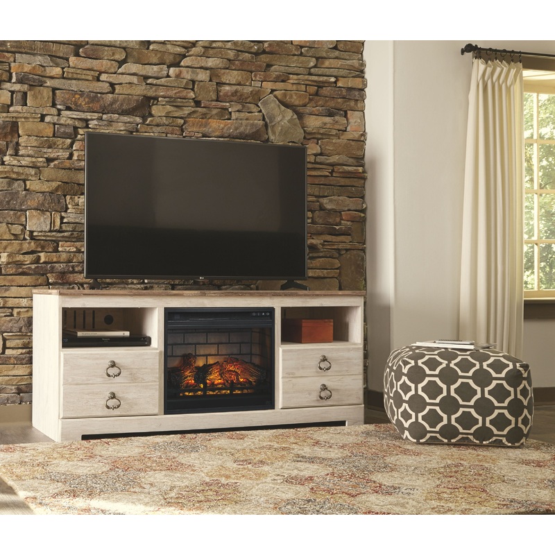 Willowton – Whitewash – 2 Pc. – 64 TV Stand with Faux Firebrick Fireplace Insert