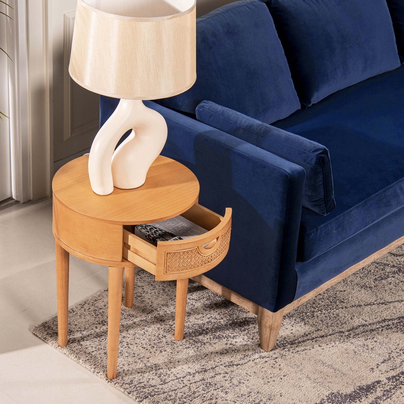 Cabana – Round Cane Storage Side Table – Natural Brown Oak