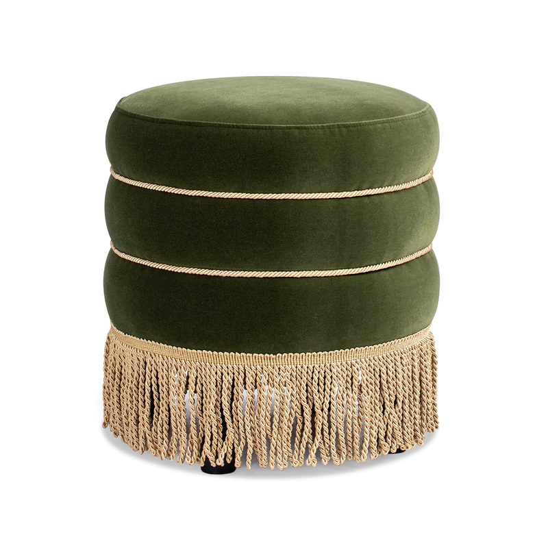 Edward – Round Upholstered Ottoman With Bullion Fringe – Olive Green