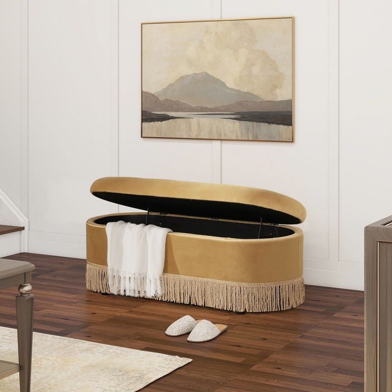 Melinda – Oval Tufted Bullion Fringe Storage Bench