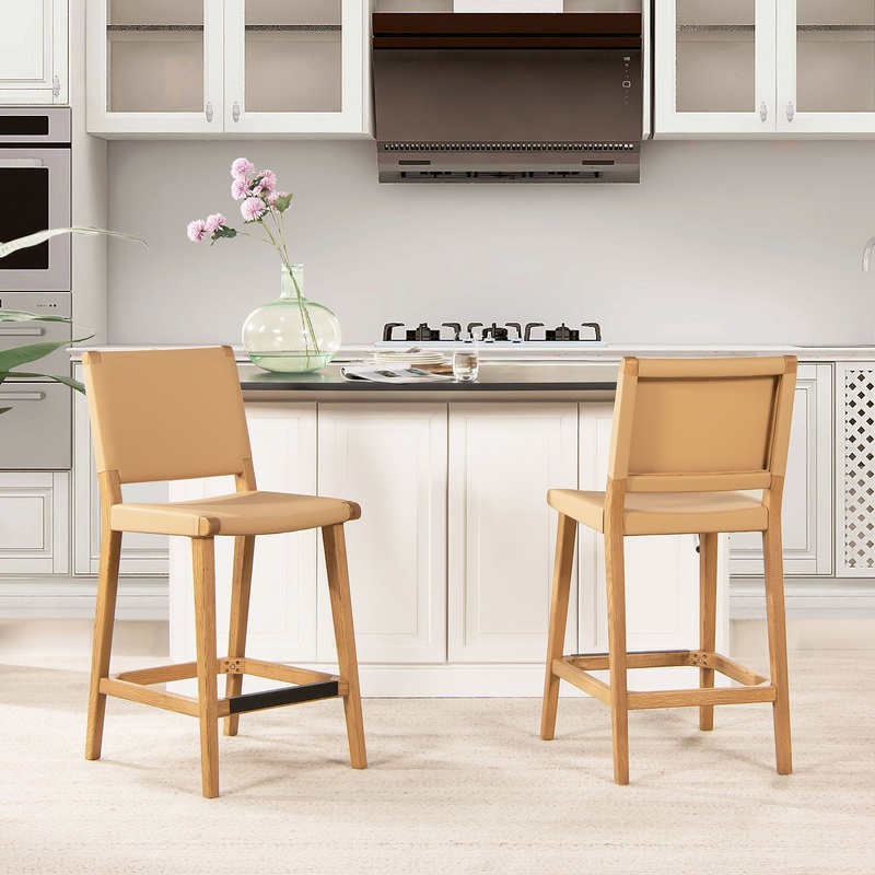 Pierre – Farmhouse Saddle Kitchen Island Counter Stool With Back – Sunkissed Beige Leather / Natural