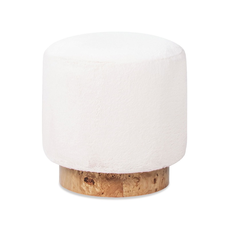 Tilly – Round Fur Upholstered / Burl Pouf Ottoman – White