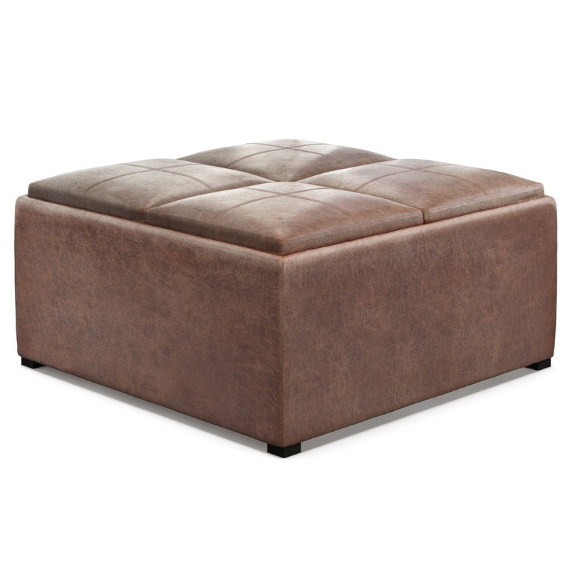 Avalon – Square Coffee Table Storage Ottoman – Distressed Umber Brown