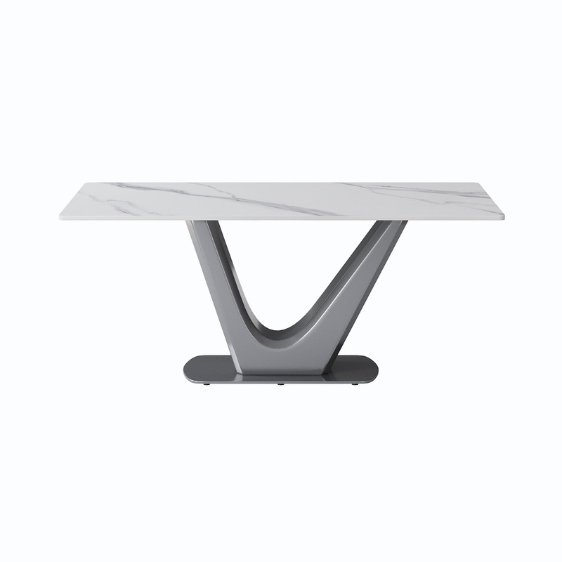 70.84 Modern Artificial Stone Panel V-Shaped Metal Legs, Can Accommodate 6-8 People – White / Gray