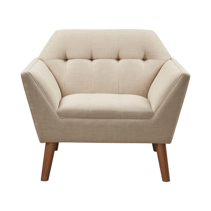 Mid – Century Lounge Chair With Button Tufting Polyester And Pecan Wood – Beige