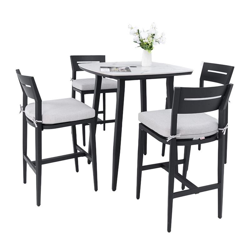 5 Pieces Modern Outdoor Bar Set, Sintered Stone Table With White Inspired Top & 4 Bar Stools, Sunbrella Cushions, Weather Resistant – Ember Black / White
