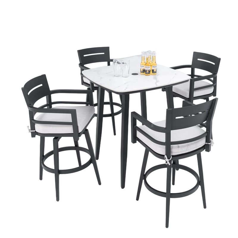 5 Pieces Modern Outdoor Patio Bar Set, Rounded Square Table & 4 Swivel Bar Chairs, Non Rust Frame, Tapered Legs, Sunbrella Cushion – Ember Black / White