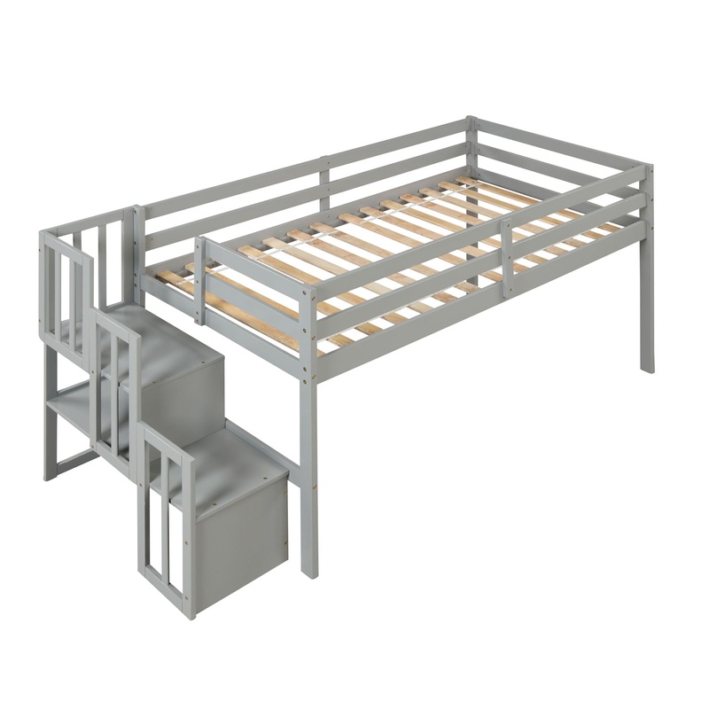 Loft Bed With Staircase|Dark Gray|White|Twin