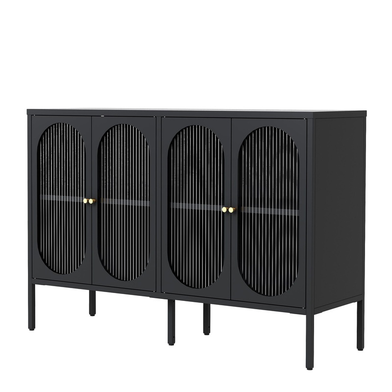 Modern Metal Sideboard Cabinet With 4 Glass Doors, Steel Kitchen Storage And Coffee Bar Cabinet – Black