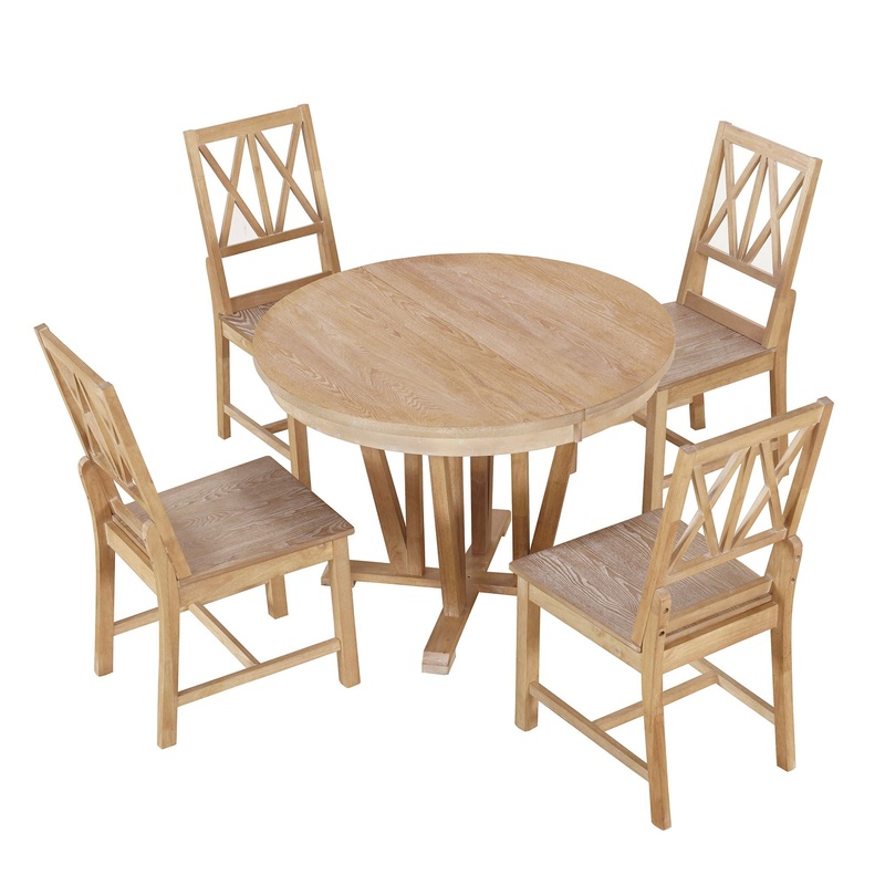 Topmax – 5 Piece Rustic Extendable Dining Table Set Round Trestle Table And 4 Cross Back Dining Chairs For Kitchen, Dining Room